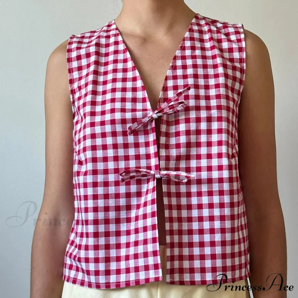 Checkered Tie Front Crop Top Red / S croptop-250223