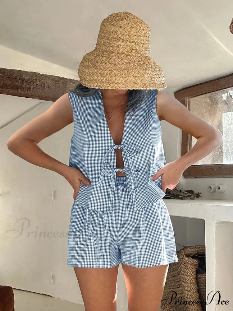 Checkered Tie Front Waistcoat Crop Top blue / S croptop-250223