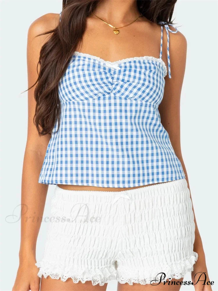 Checkered Tie-up Backless Gathered V-neck Crop Top BLUE / S croptop-250126