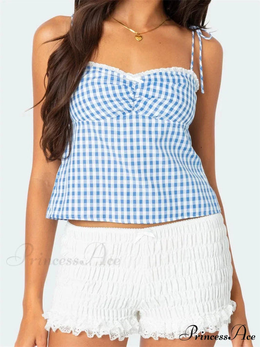 Checkered Tie-up Backless Gathered V-neck Crop Top BLUE / S croptop-250126