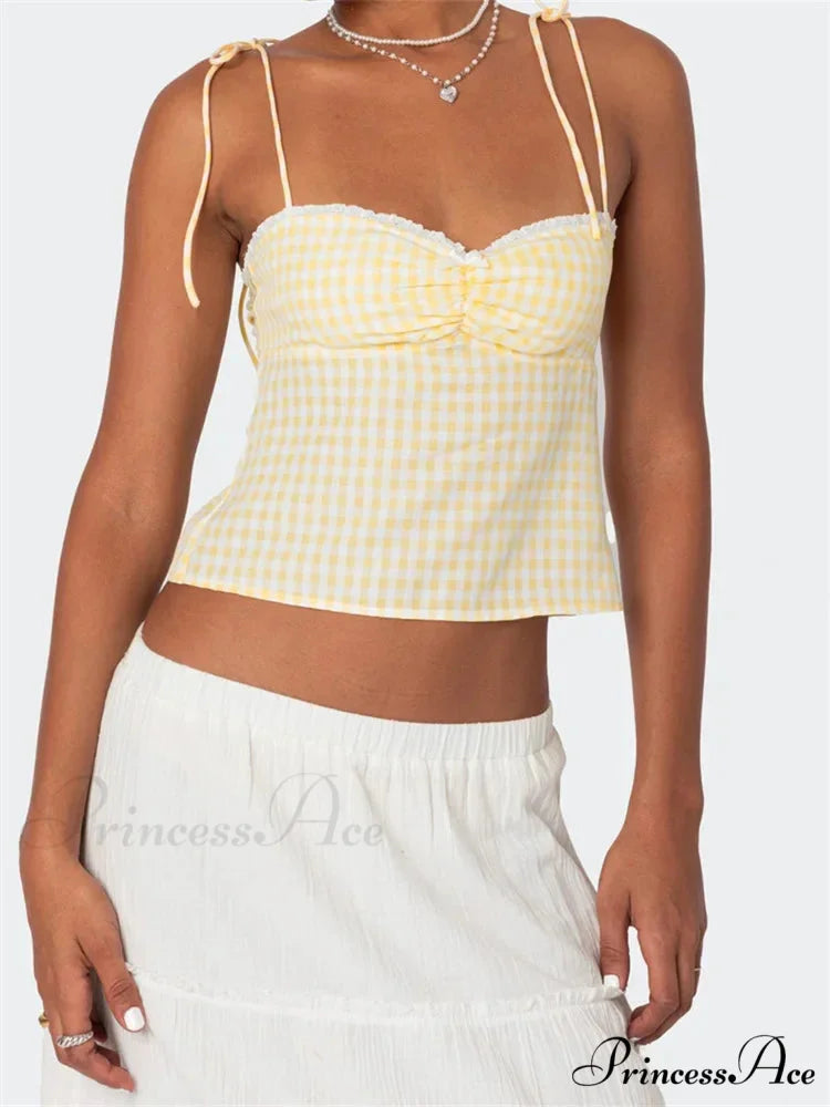Checkered Tie-up Backless Gathered V-neck Crop Top croptop-250126