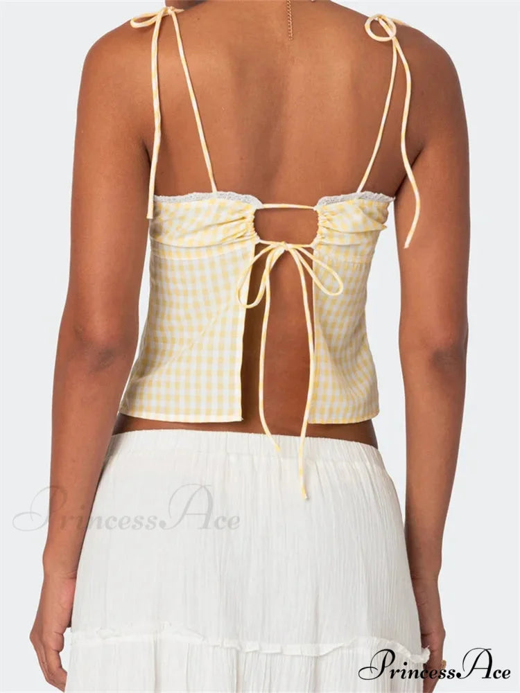 Checkered Tie-up Backless Gathered V-neck Crop Top croptop-250126