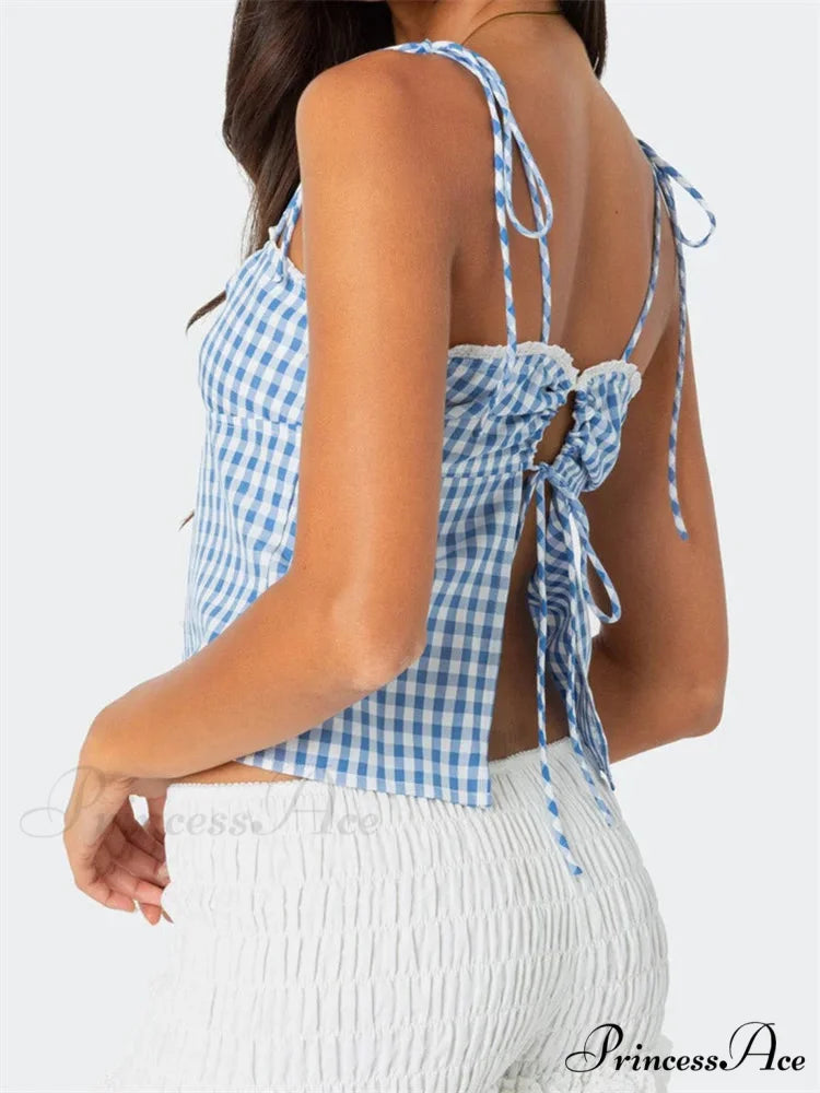 Checkered Tie-up Backless Gathered V-neck Crop Top croptop-250126
