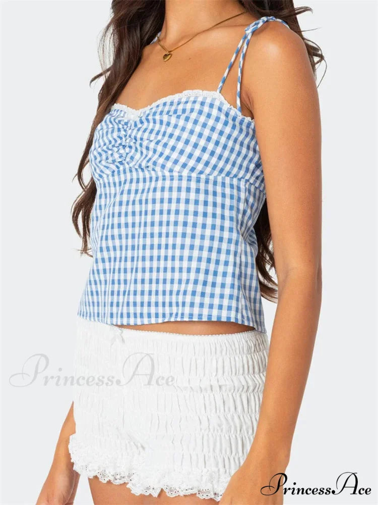 Checkered Tie-up Backless Gathered V-neck Crop Top croptop-250126