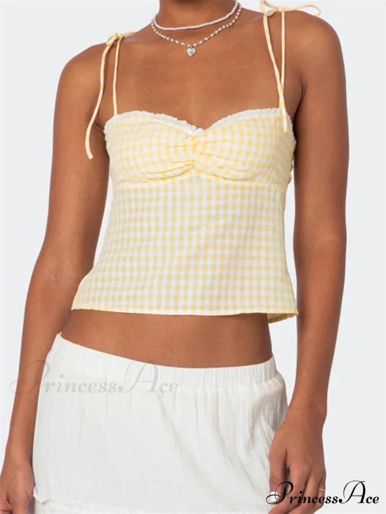 Checkered Tie-up Backless Gathered V-neck Crop Top YELLOW / S croptop-250126
