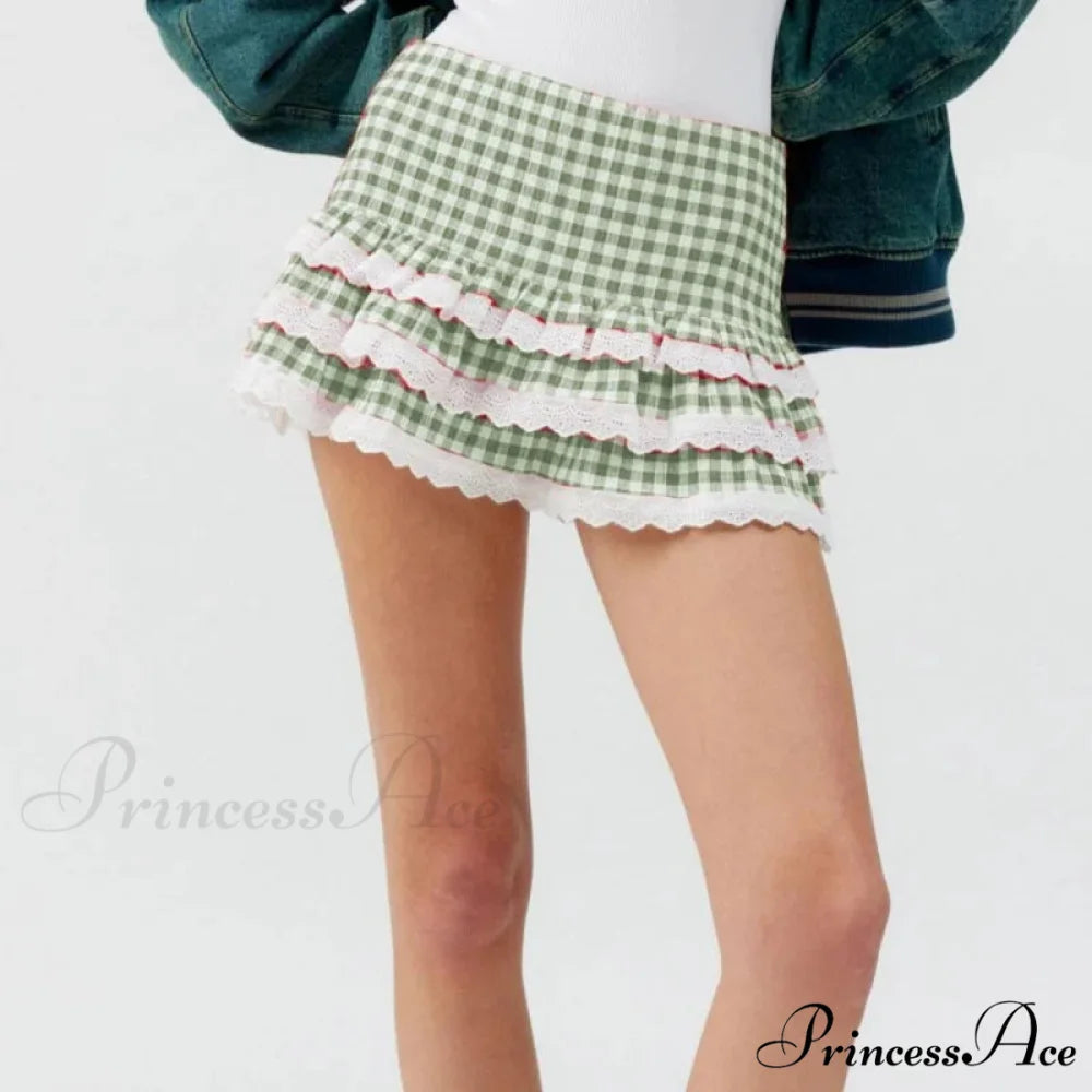 Checkered Tiered Lace Zip Skirt Green / S skirts-250223