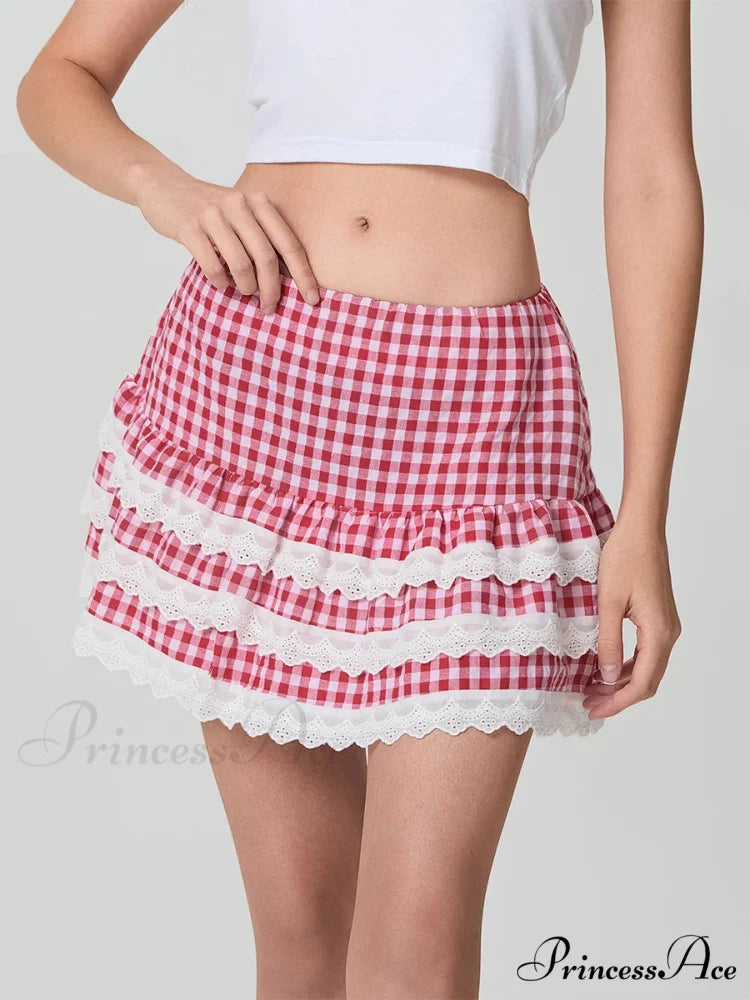 Checkered Tiered Lace Zip Skirt skirts-250223