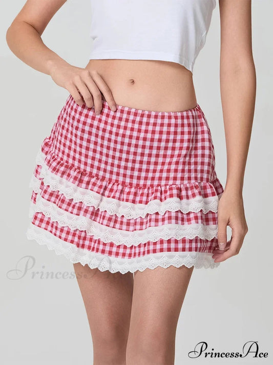 Checkered Tiered Lace Zip Skirt skirts-250223
