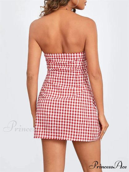 Checkered Trim-Fit Lace-Up Mini Dress minidress-250223