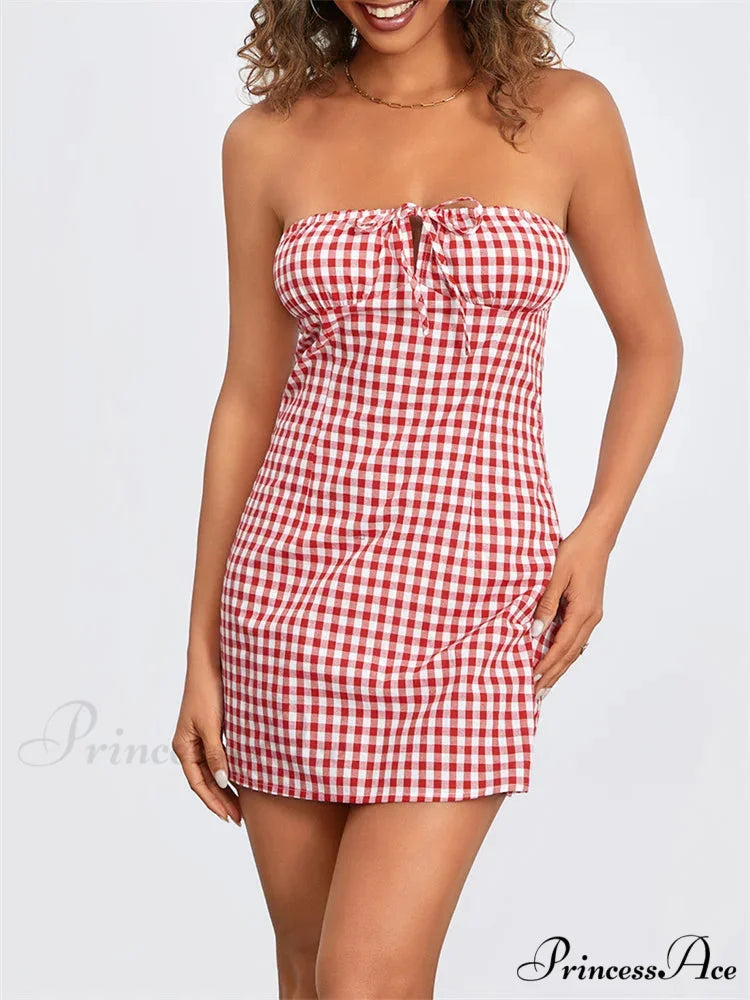 Checkered Trim-Fit Lace-Up Mini Dress red / S minidress-250223
