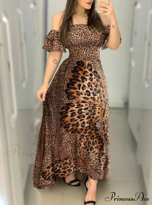 Cheetah Butterfly Print Maxi Dress with Off Shoulder