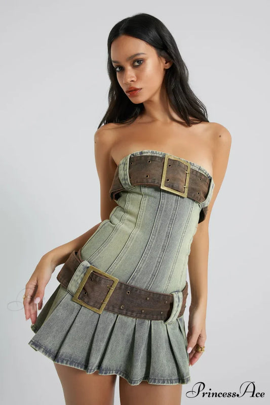 Chelsea Denim Stylish Kilt Mini Dress XS / Blue Denmi