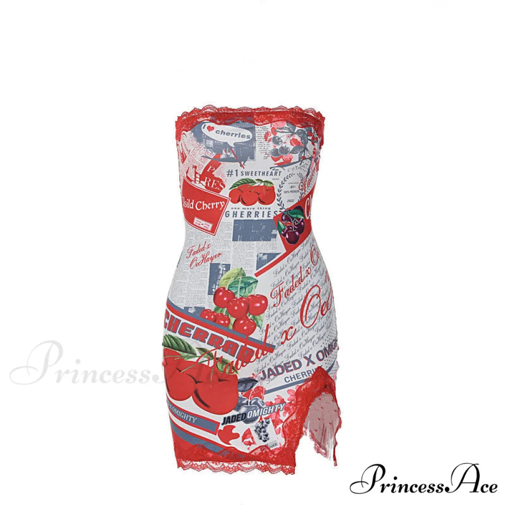 Cherry Print Graceful Backless Mini Dress L / Red