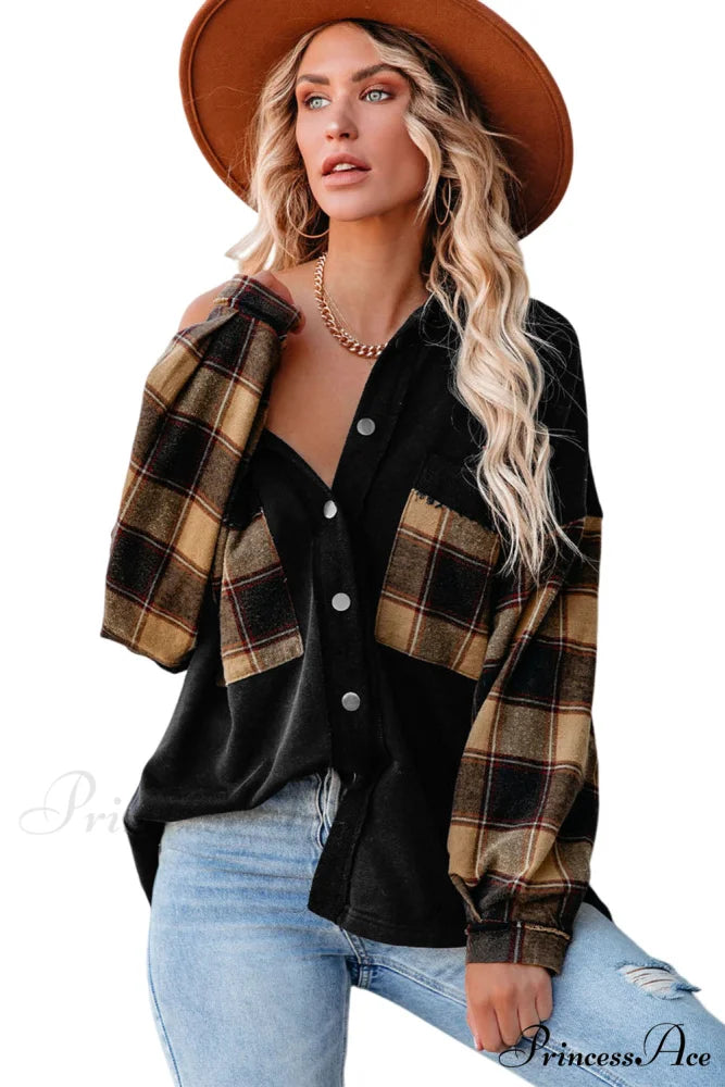 Chest with Blouse Oversized Jacket Plaid Patchwork Pockets