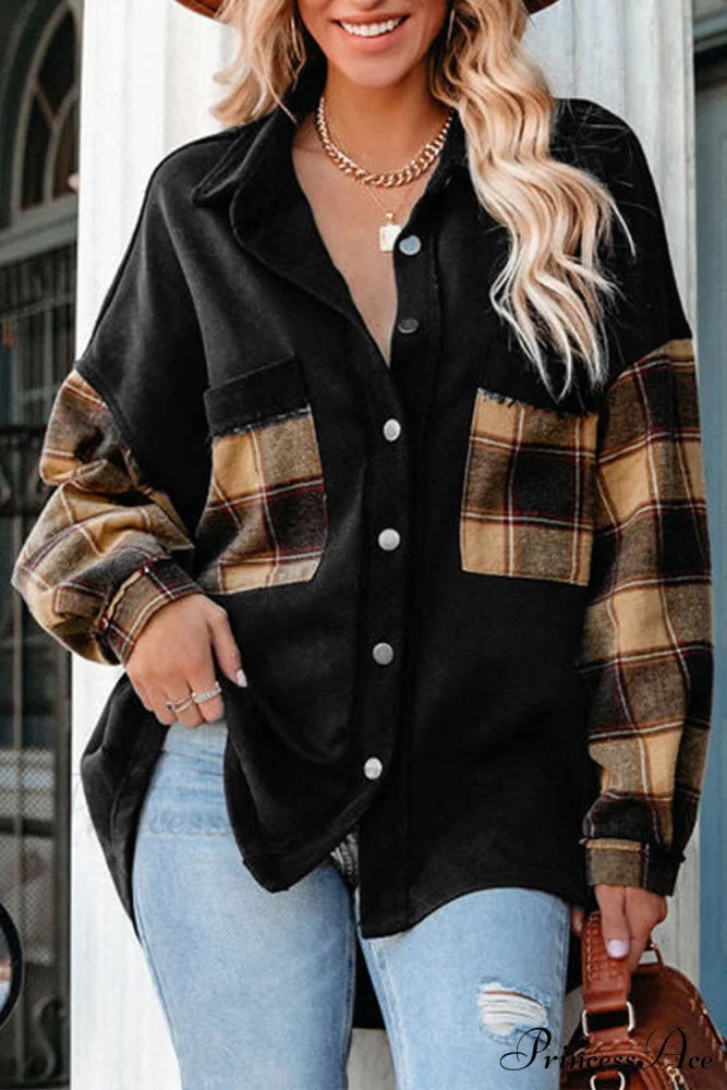 Chest with Blouse Oversized Jacket Plaid Patchwork Pockets
