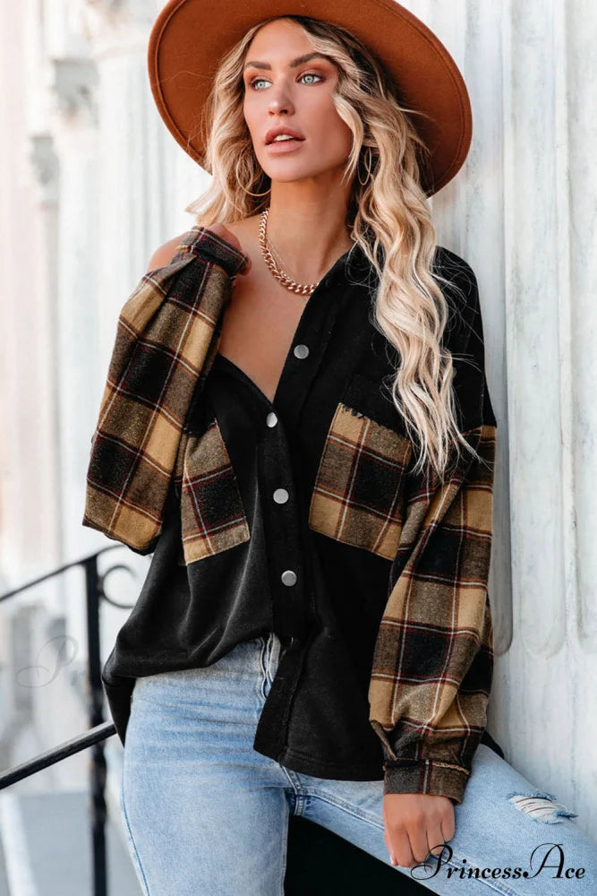 Chest with Blouse Oversized Jacket Plaid Patchwork Pockets