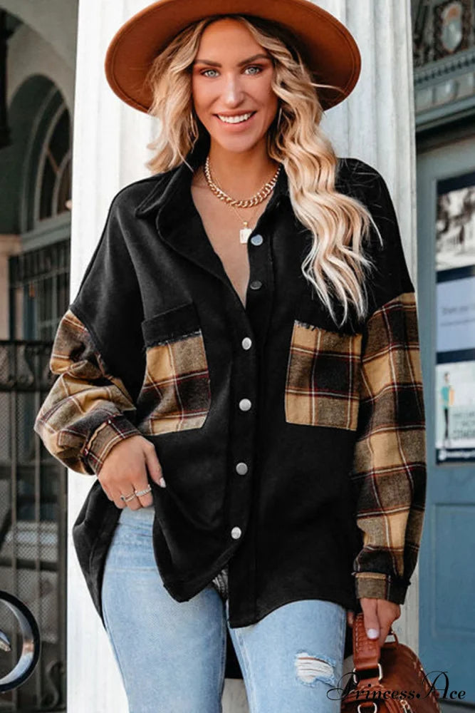 Chest with Blouse Oversized Jacket Plaid Patchwork Pockets