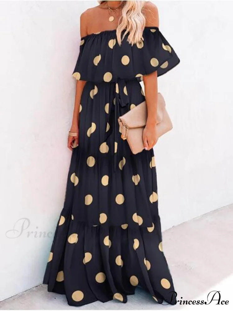 Chest Wrap Printed Charming Full Skirt Dress Black / S