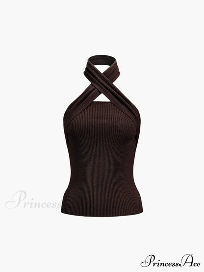 Chestnut Halter Graceful Rib Knit Top Dark Brown / XS