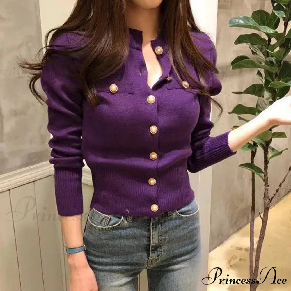 Chic Brief Retro Knitted Informal Cardigan PURPLE / One Size cardiagn-250126
