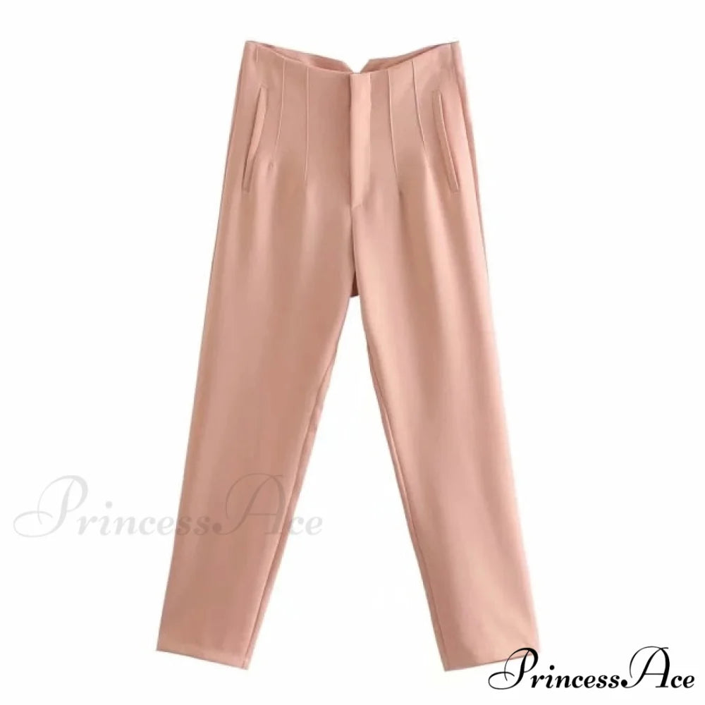 Chic Button Zip Elegant Pink Casual Pants Apricot / XS