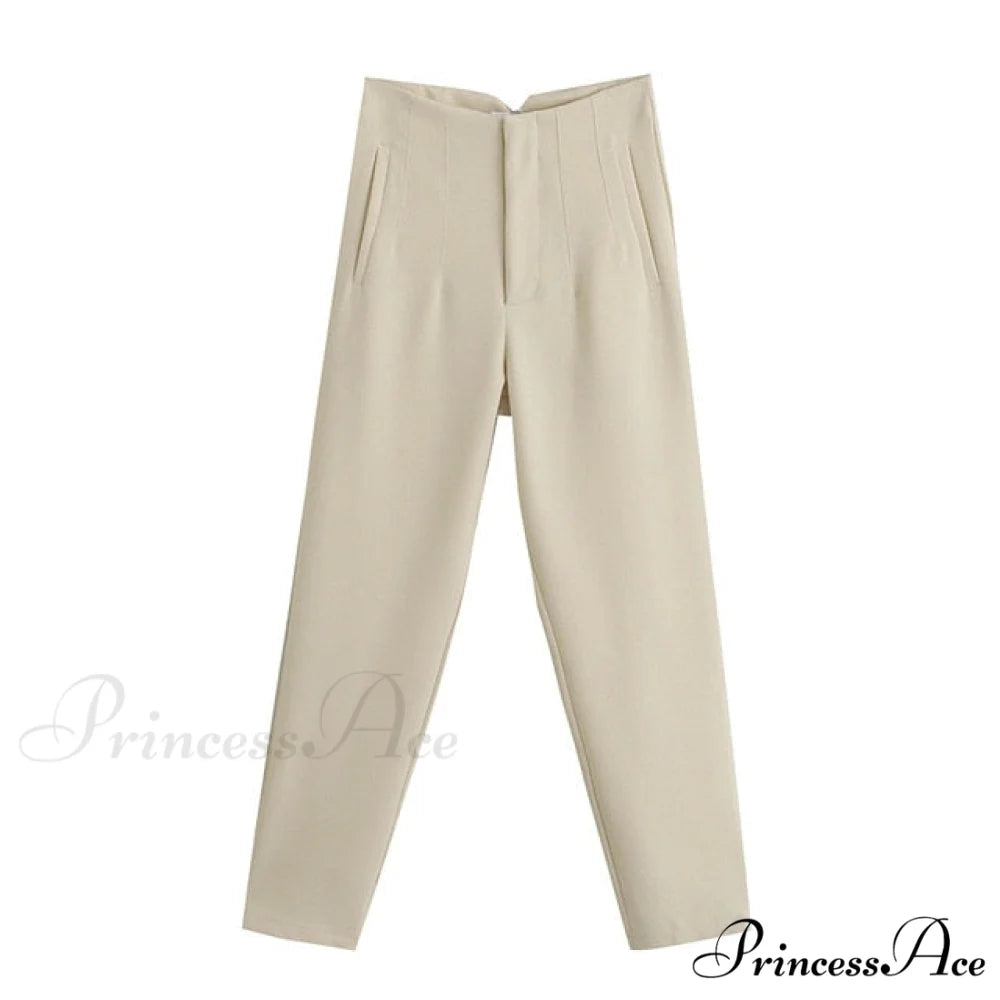 Chic Button Zip Elegant Pink Casual Pants Beige / XS