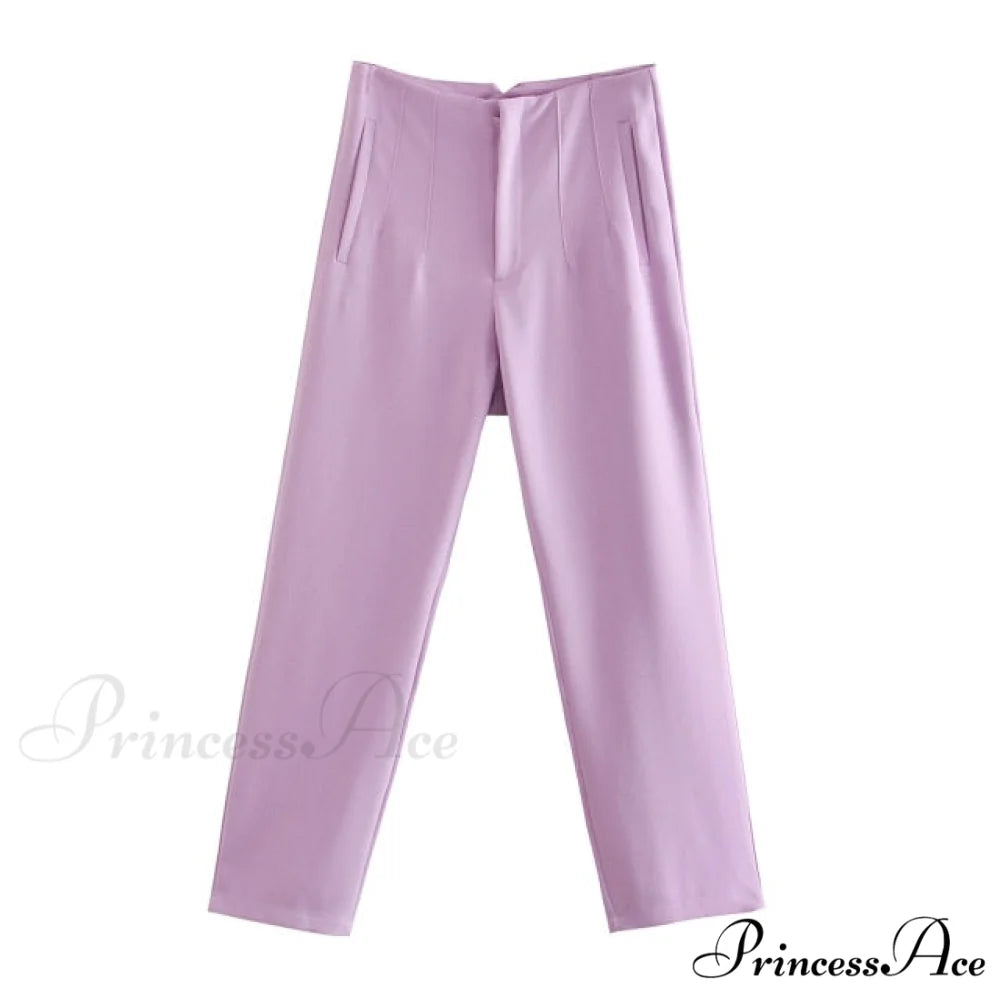 Chic Button Zip Elegant Pink Casual Pants Lavender / XS