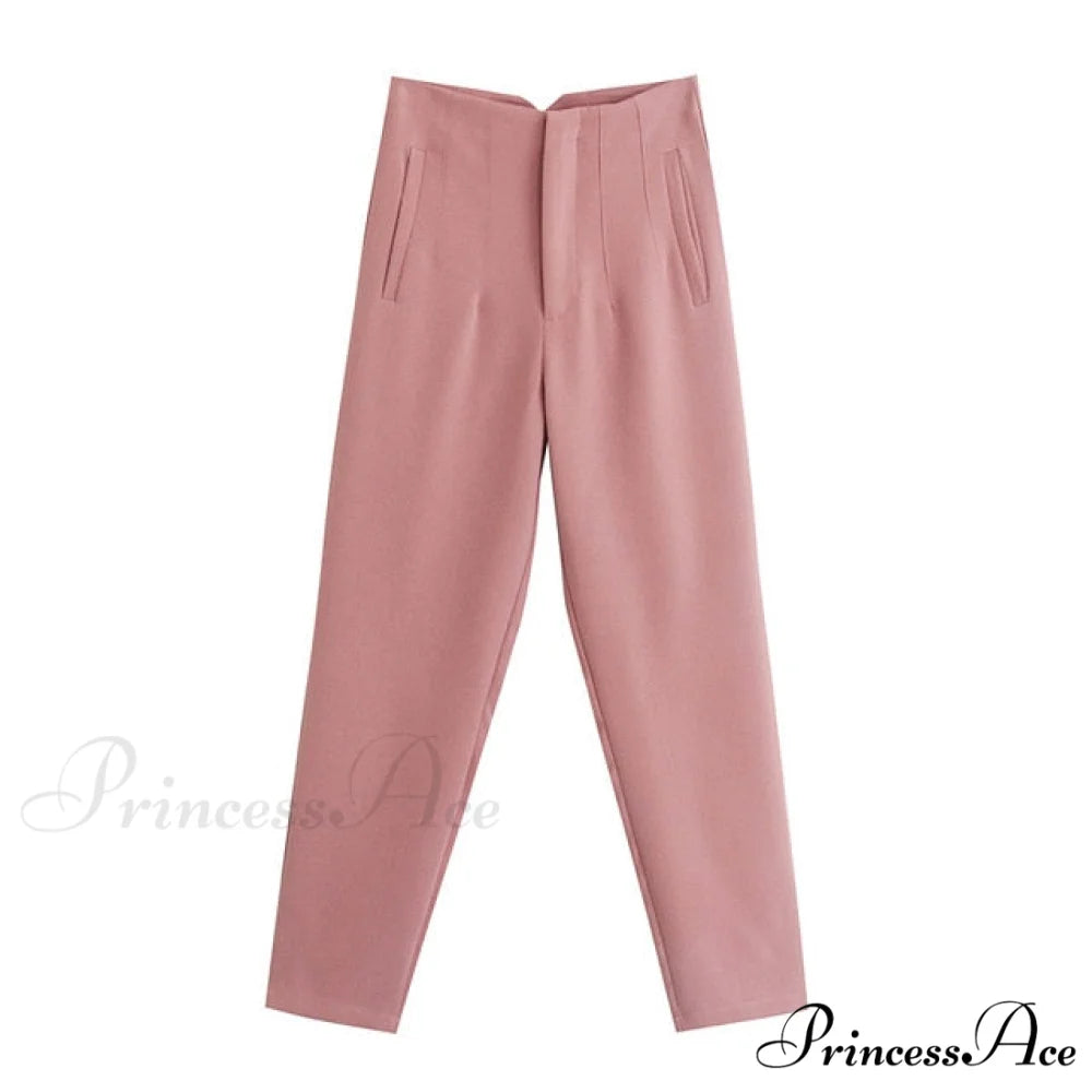 Chic Button Zip Elegant Pink Casual Pants Pink / XS