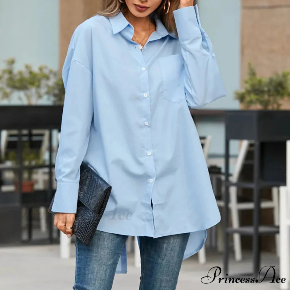 Chic Collar Solid Uneven Blouse Light Blue / S blouse-250126
