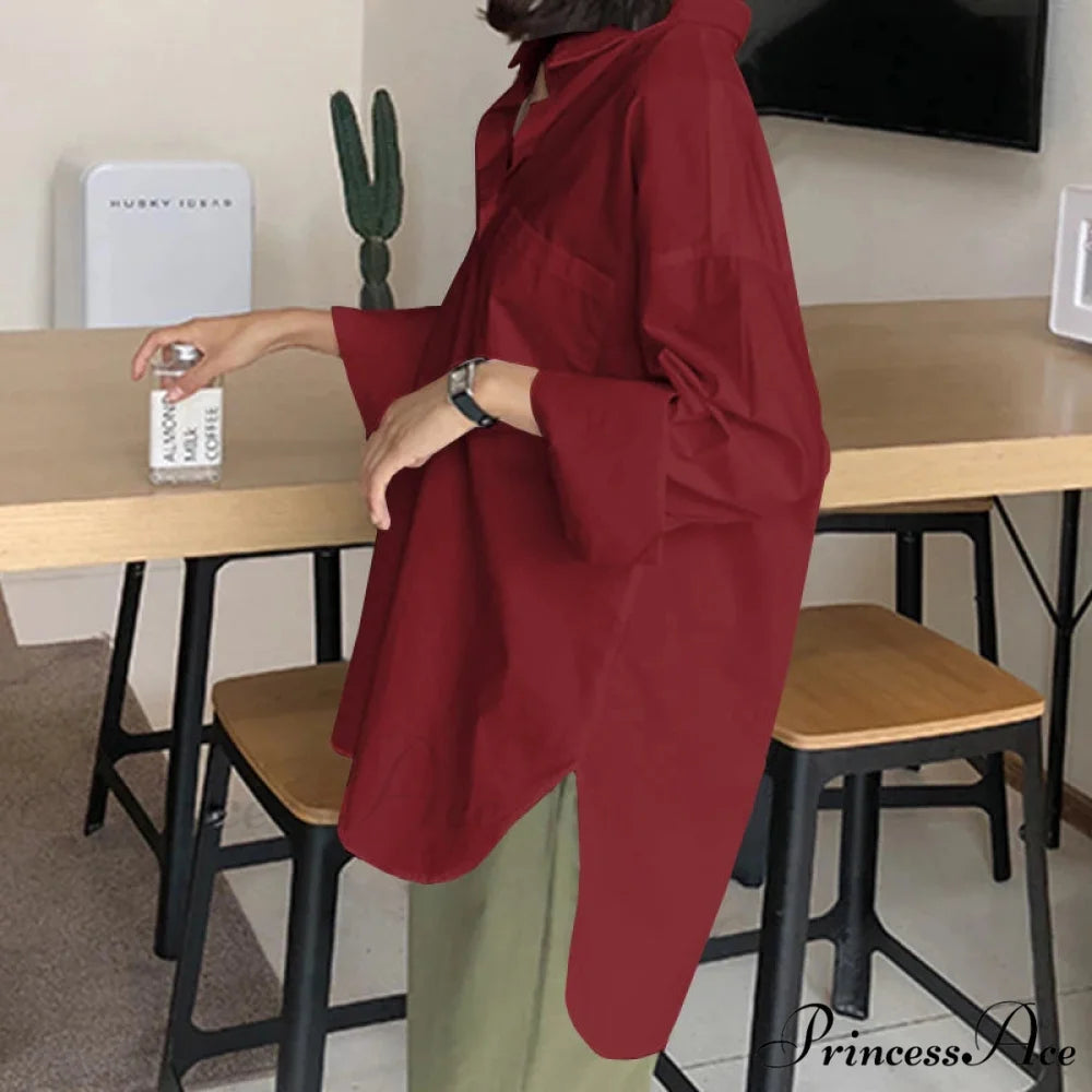 Chic Collar Solid Uneven Blouse Red / S blouse-250126