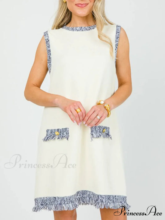 Chic Contrast Stitching Charming Fringe Mini Dress Cream / S