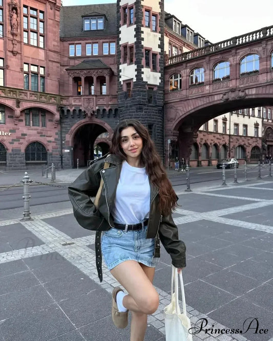 Chic Cropped Leather Vintage Loose Lapel Collar Long Sleeves Single-breasted Stylish Coat Brown / XS