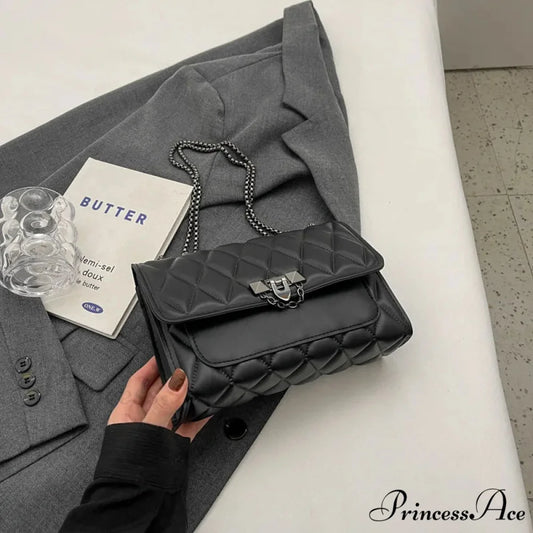 Chic Diamond Grid Crossbody Shoulder Bag Black shoulder-250126