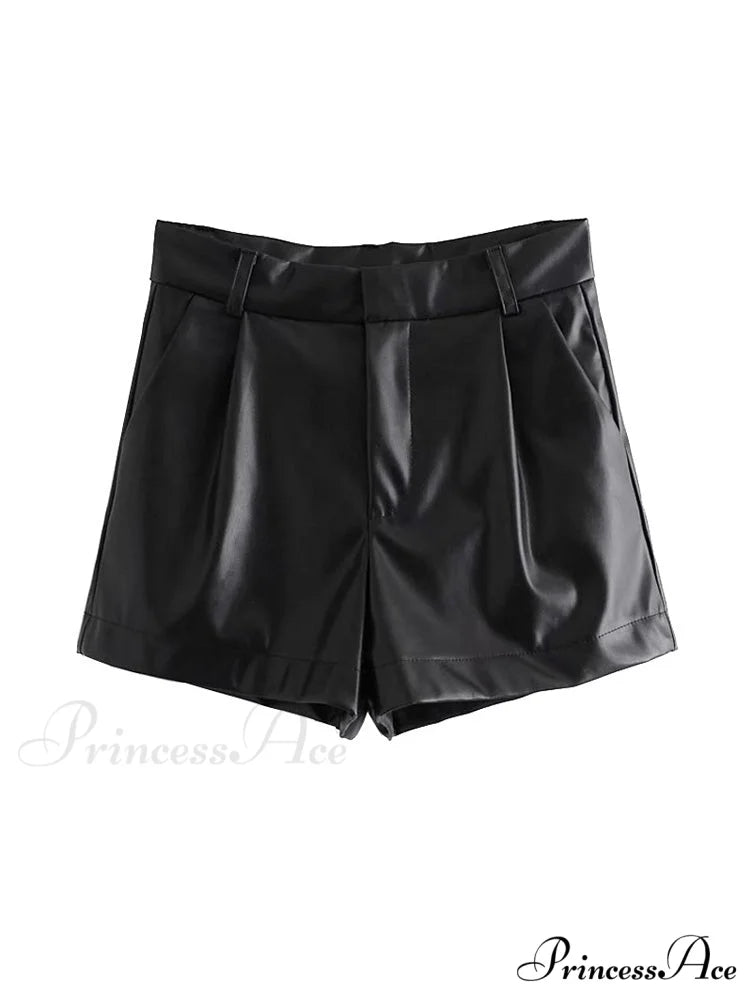 Chic Fashion Side Pockets Faux Leather Shorts Black / XS