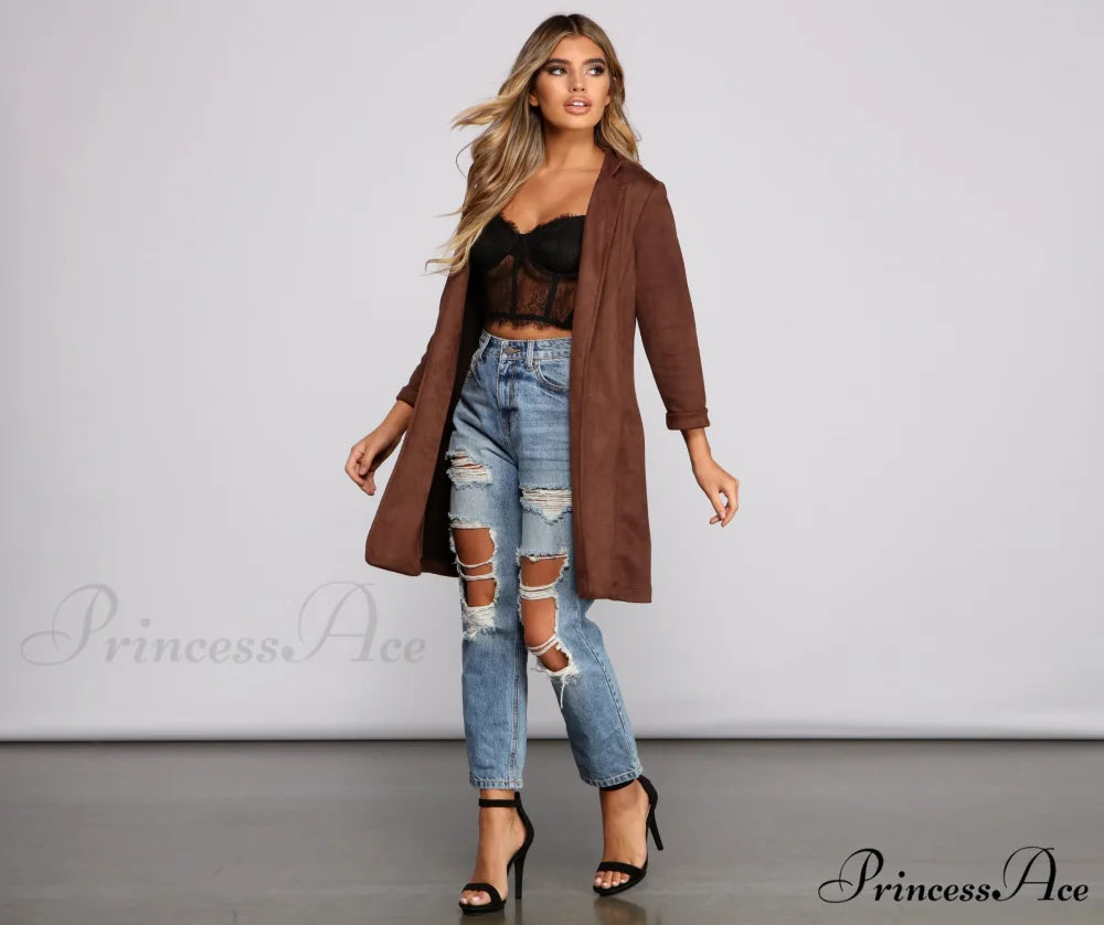 Chic Faux Suede Blazer BROWN / S