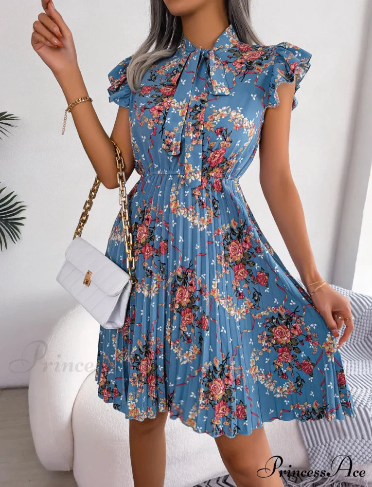 Chic Flower Pattern Bow Folded Trimmed Waist Flower Dress Blue / S oldfloraldress-250126