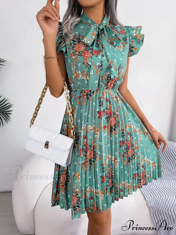 Chic Flower Pattern Bow Folded Trimmed Waist Flower Dress Green / S oldfloraldress-250126