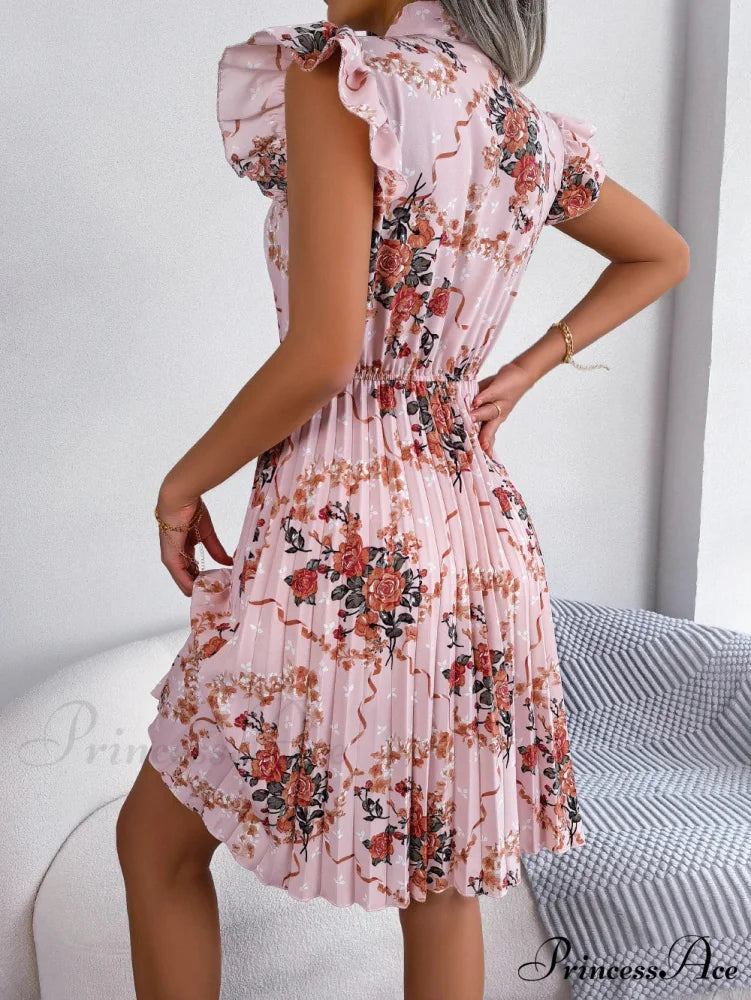 Chic Flower Pattern Bow Folded Trimmed Waist Flower Dress oldfloraldress-250126