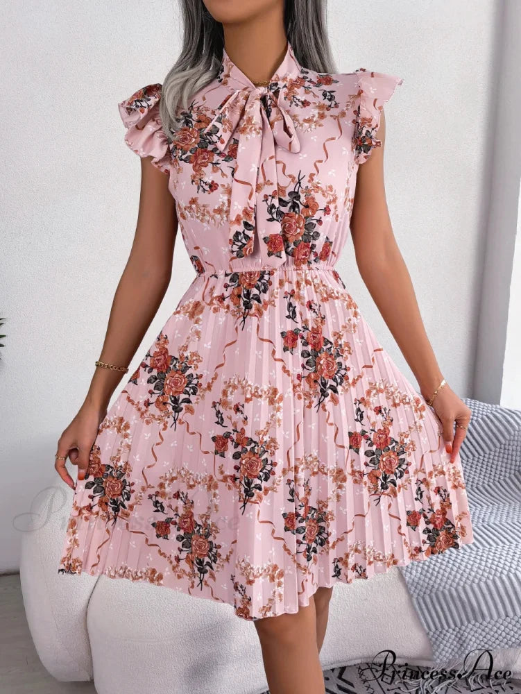 Chic Flower Pattern Bow Folded Trimmed Waist Flower Dress oldfloraldress-250126