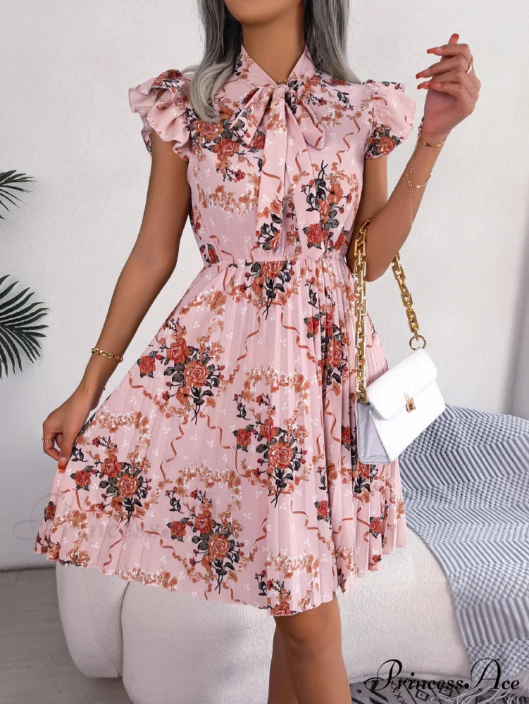 Chic Flower Pattern Bow Folded Trimmed Waist Flower Dress Pink / S oldfloraldress-250126