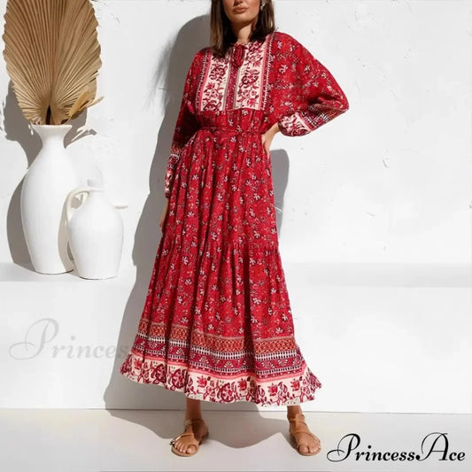 Chic Flowery Lace-up Fringe Rayon Maxi Boho Sundress Red / S bohodress-250126