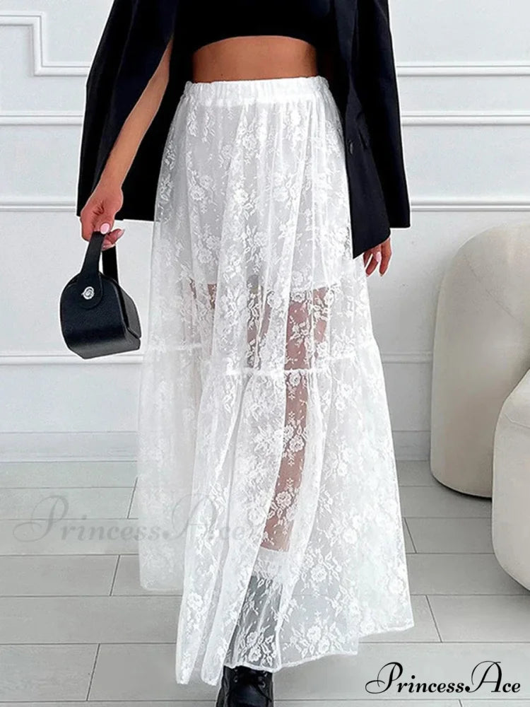 Chic Ivory Lace Straight High Waist Jacquard Weave Skirt skirt-250126