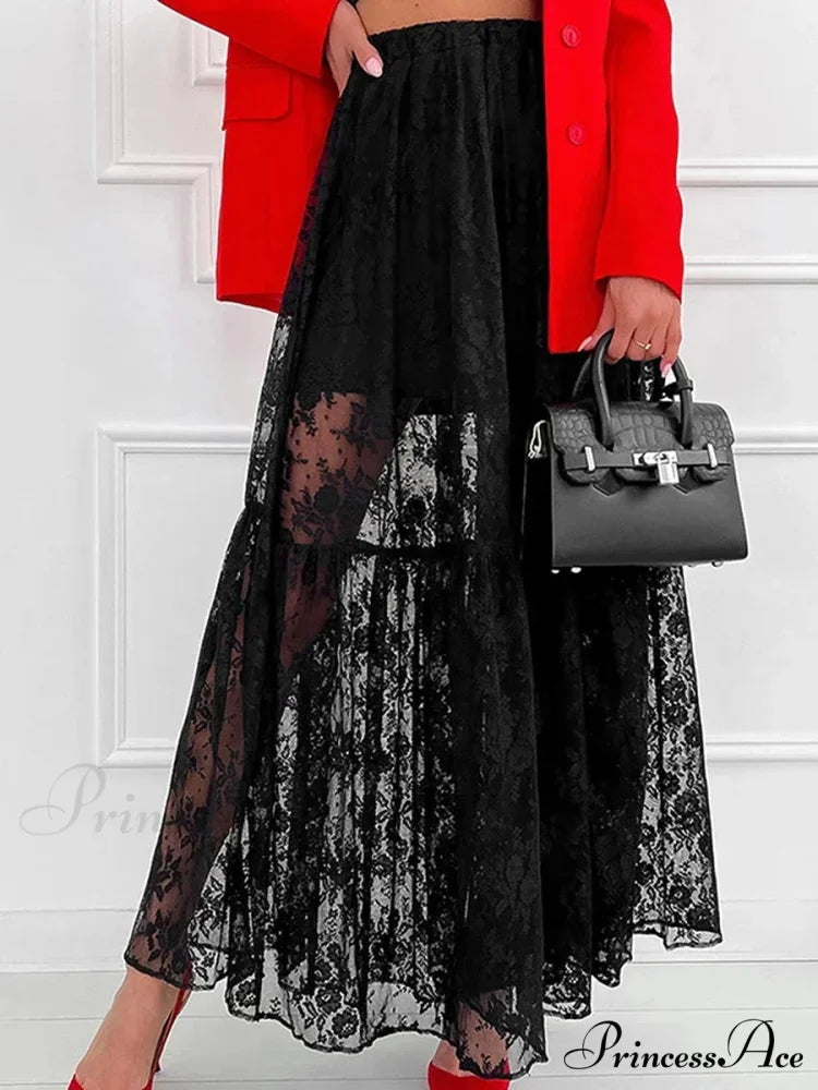 Chic Ivory Lace Straight High Waist Jacquard Weave Skirt Black / S skirt-250126