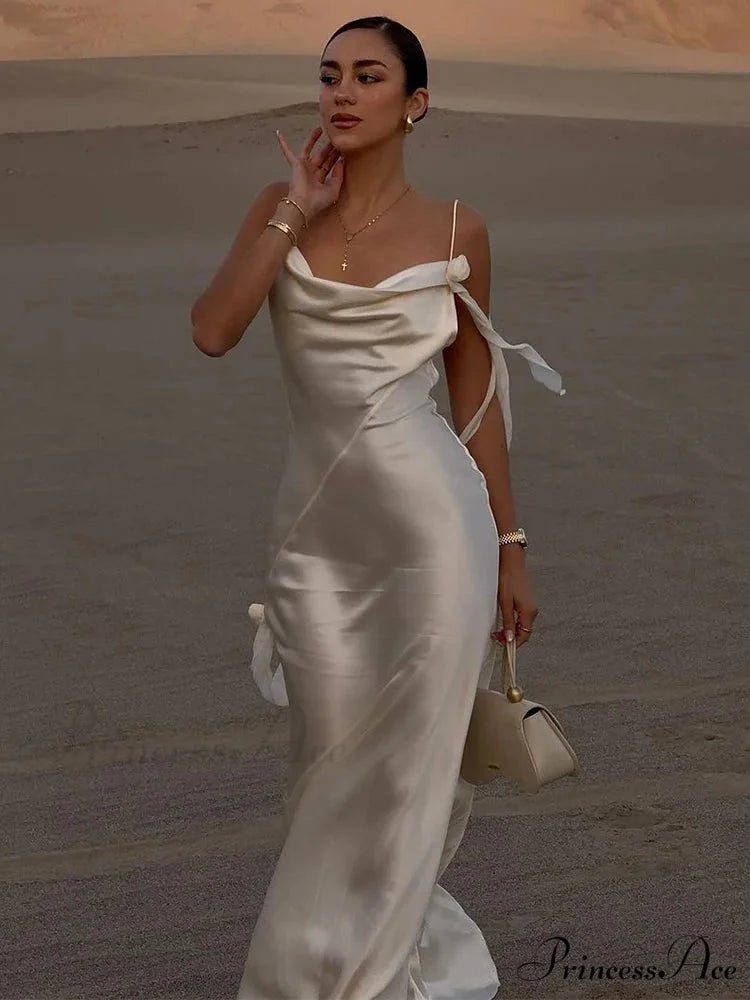 Chic Ivory Silk Long Holiday Gown vacationdress-250223
