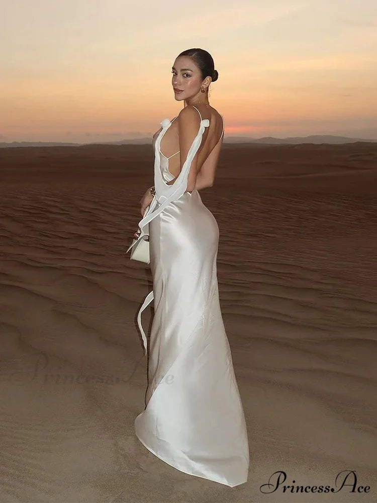 Chic Ivory Silk Long Holiday Gown White / S vacationdress-250223