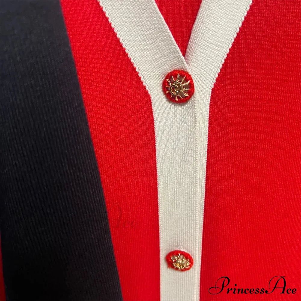 Chic Knitted Turn-down Collar Red Black Christmas Party Dress