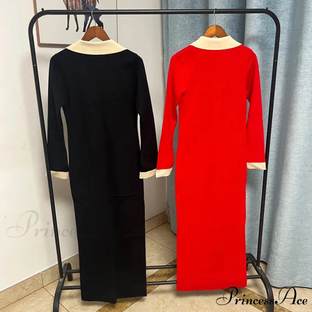 Chic Knitted Turn-down Collar Red Black Christmas Party Dress