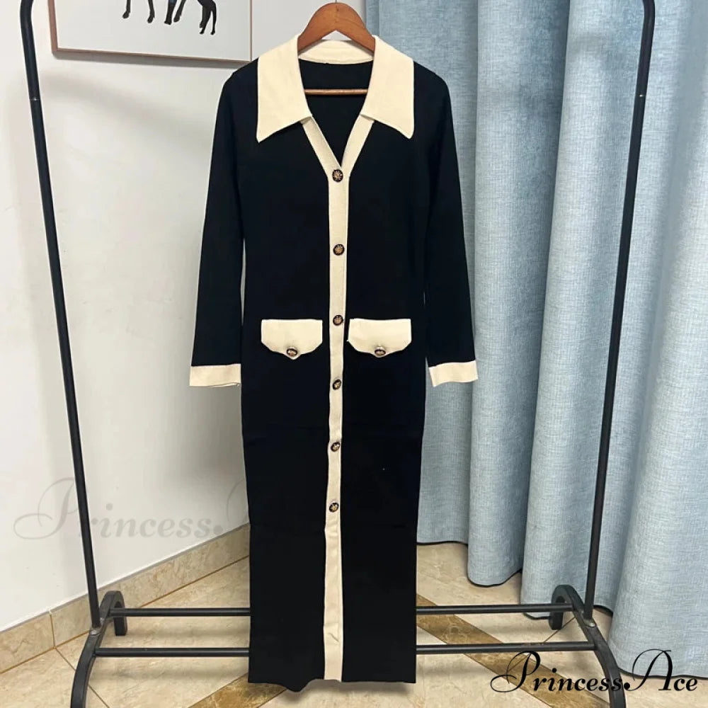 Chic Knitted Turn-down Collar Red Black Christmas Party Dress Black / One Size