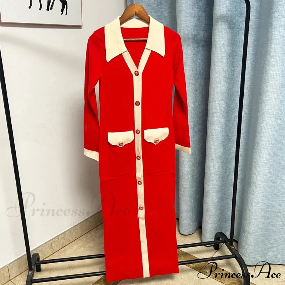 Chic Knitted Turn-down Collar Red Black Christmas Party Dress Red / One Size