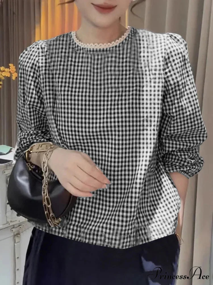Chic Lace Trim O Neck Checked Puff Sleeve Smock Blouse Black / S blouse-250126